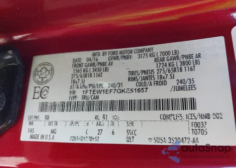 2016 Ford F-150 Xlt из США, поврежденный, VIN 1FTEW1EF7GKE51657